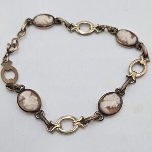 Vintage 12K Gold Filled Carved Shell Cameo Bracelet Delicate Link Bracelet 7.25"